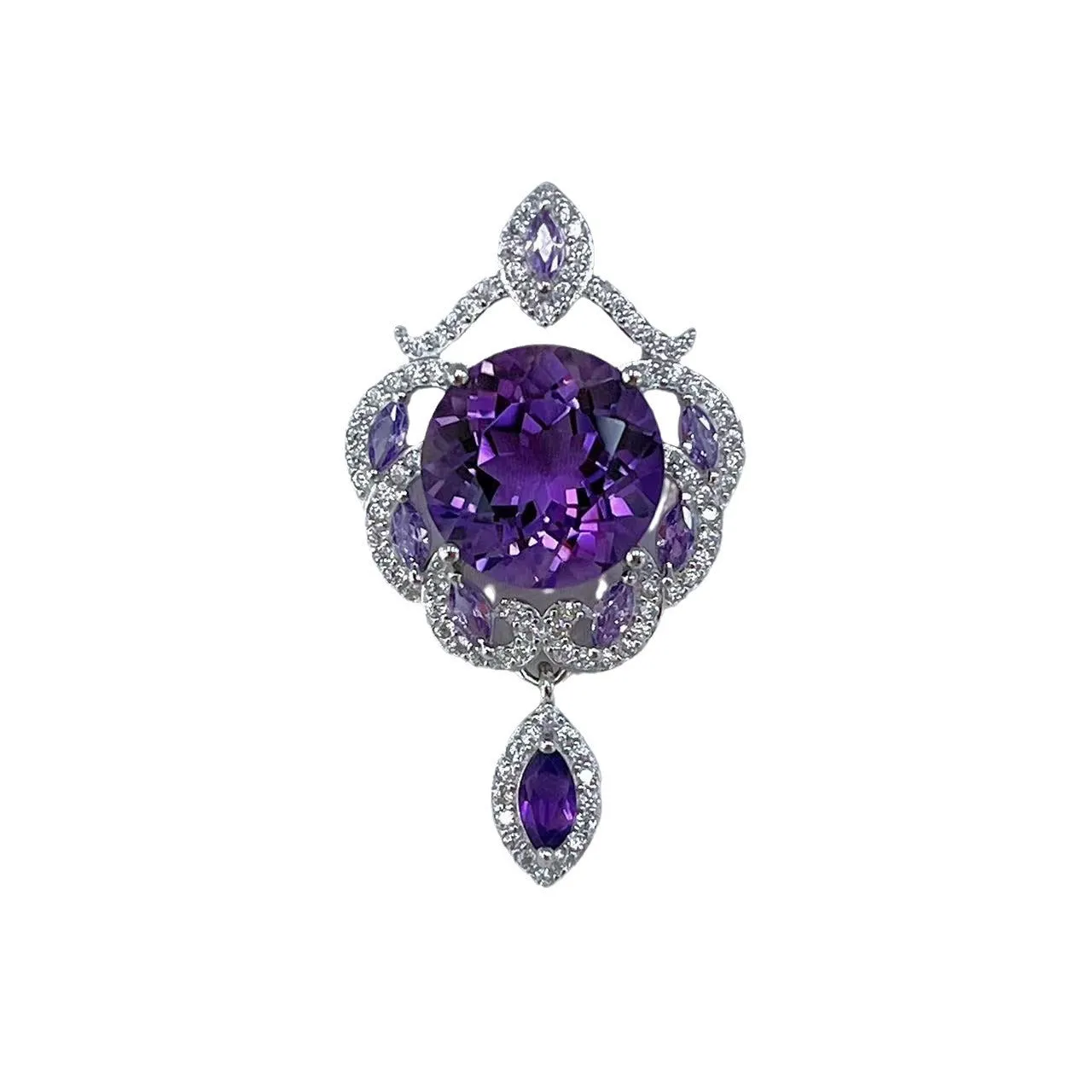 Purple amethyst silver pendant with platinum plating and meteor shower pattern on U-shaped jewellery