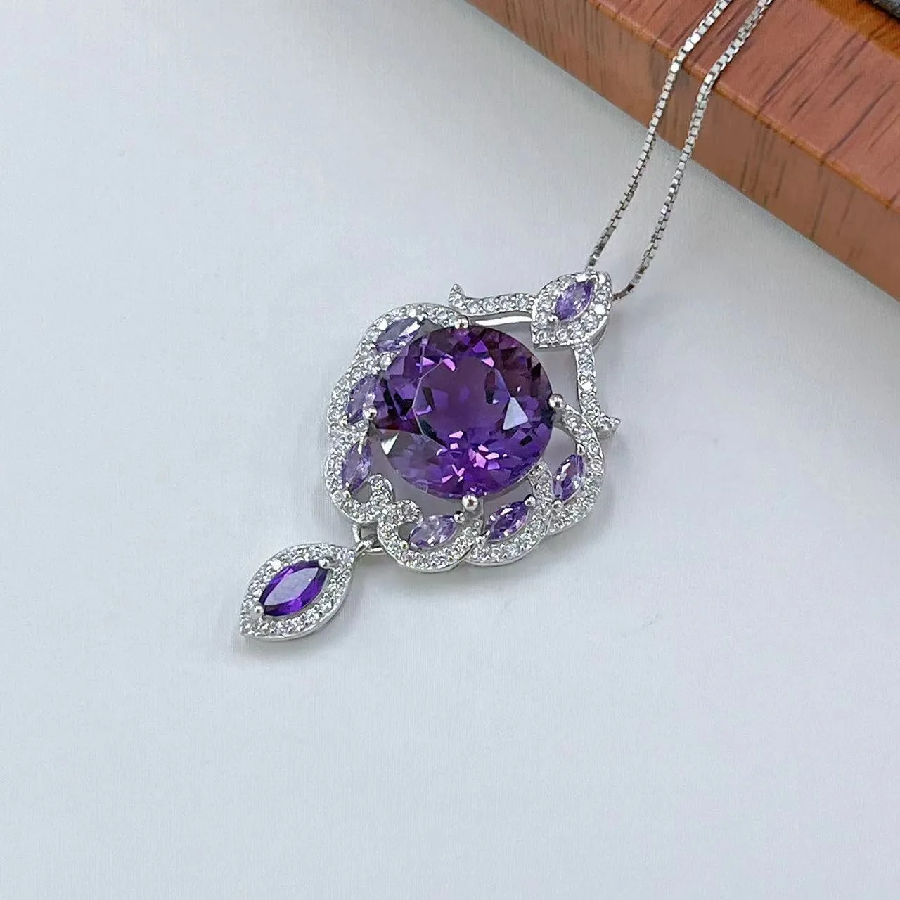 Purple amethyst silver pendant with platinum plating and meteor shower pattern on U-shaped jewellery