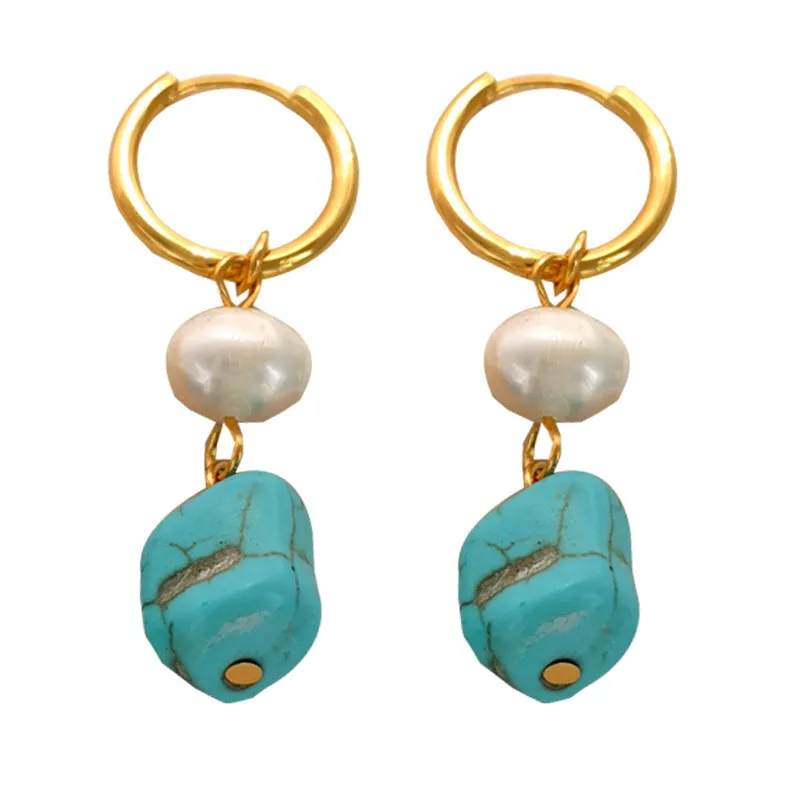 A pair of geometric copper ear clips with irregular turquoise stone and cultured pearls, showing both short and dangle styles.