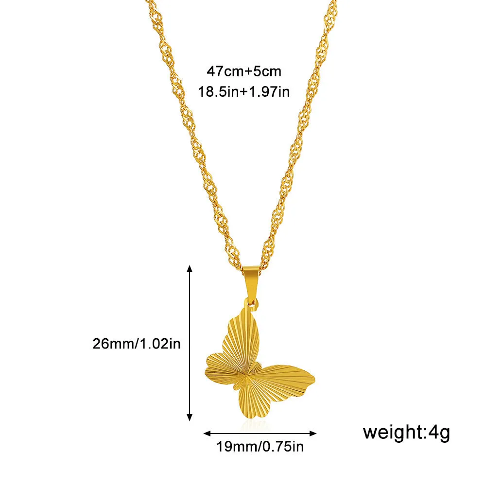 18K gold plated necklace with water wave chain and a choice of heart, bow, round, or square butterfly pendant.