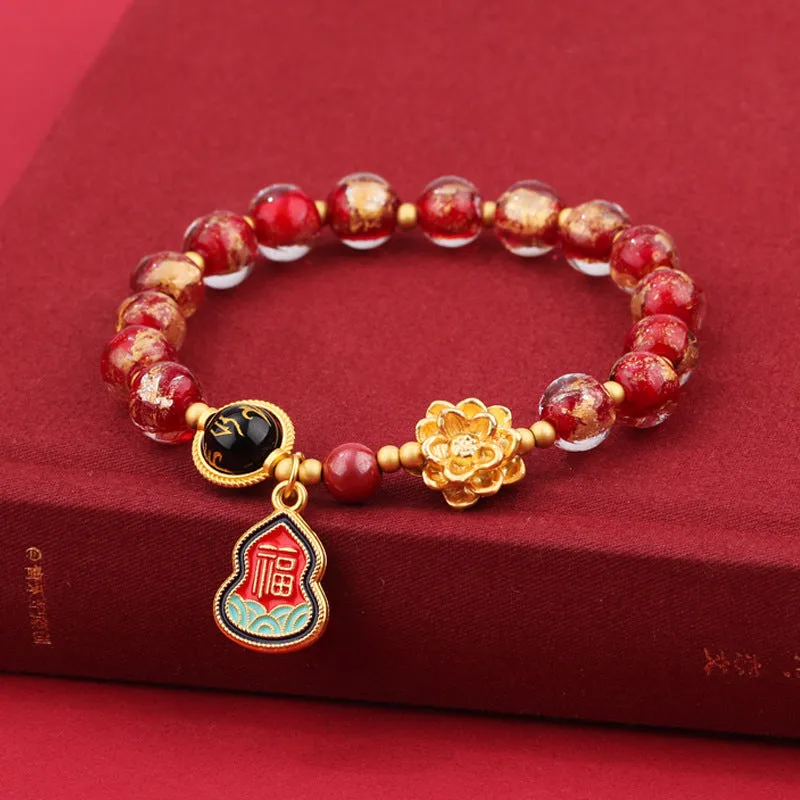 Lotus Blessing Card bracelet with 8mm glass beads, fragrant grey glaze, and gold foil electroplated accents