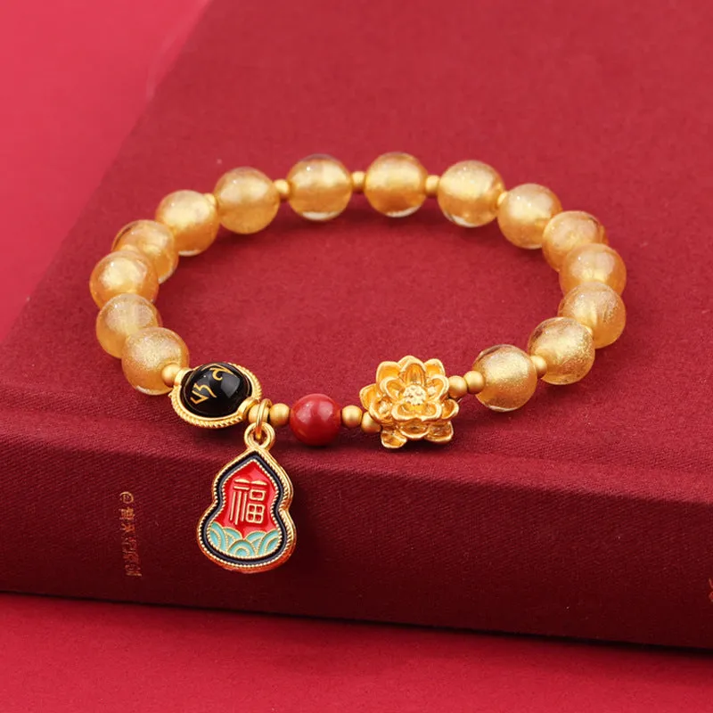 Lotus Blessing Card bracelet with 8mm glass beads, fragrant grey glaze, and gold foil electroplated accents