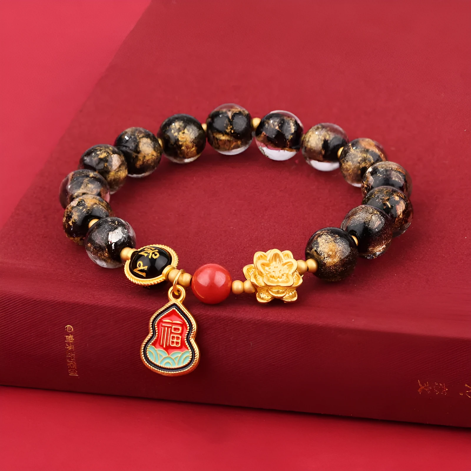 Lotus Blessing Card bracelet with 8mm glass beads, fragrant grey glaze, and gold foil electroplated accents