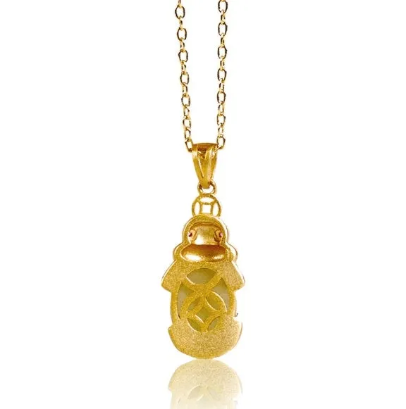 Hetian jade antique gold pendant necklace with cartoon pi xiu design and cross chain.