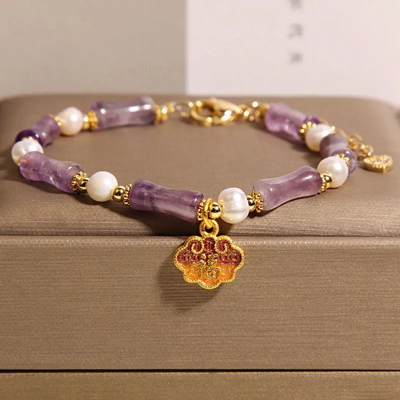 Chinese style stone bamboo bracelet with glass beads in amber colour for women