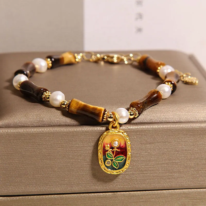 Chinese style stone bamboo bracelet with glass beads in amber colour for women