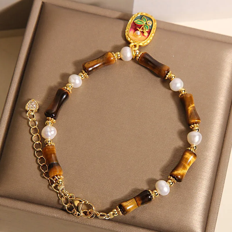 Chinese style stone bamboo bracelet with glass beads in amber colour for women