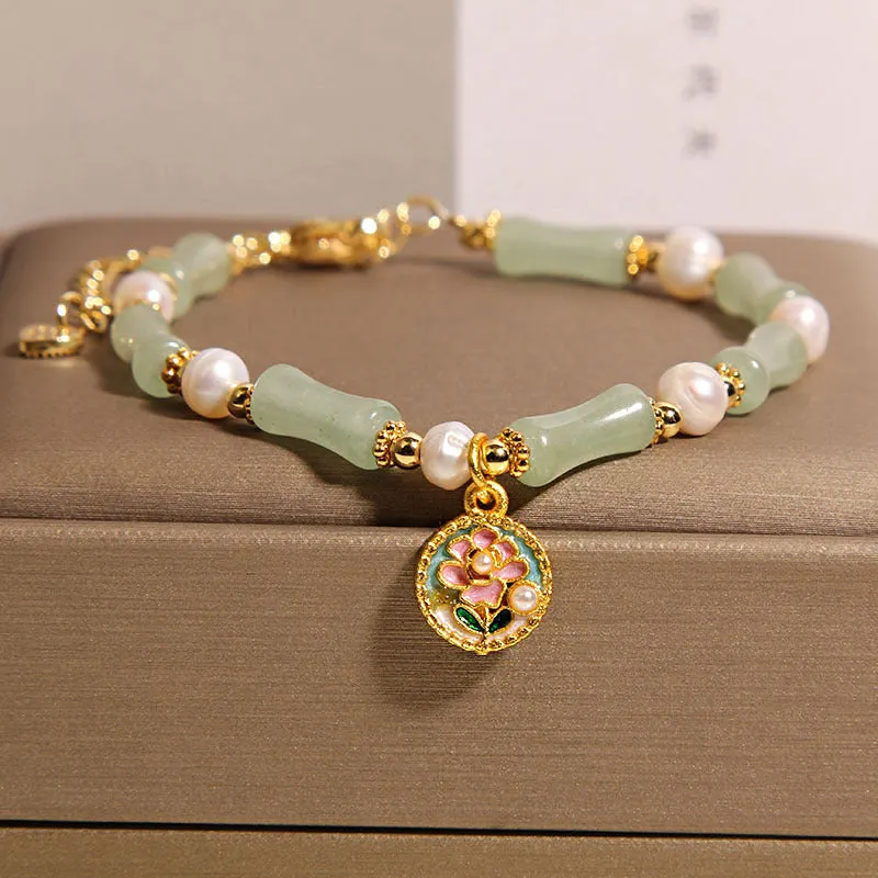 Chinese style stone bamboo bracelet with glass beads in amber colour for women