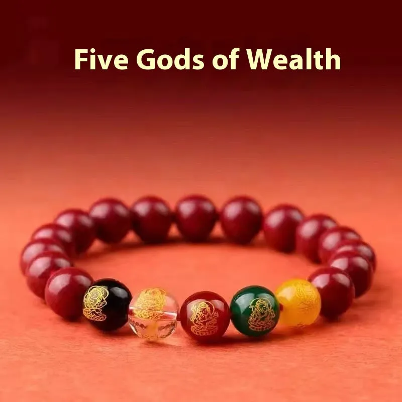 Cinnabar bracelet with five gods of wealth motif and animal modelling design in national style