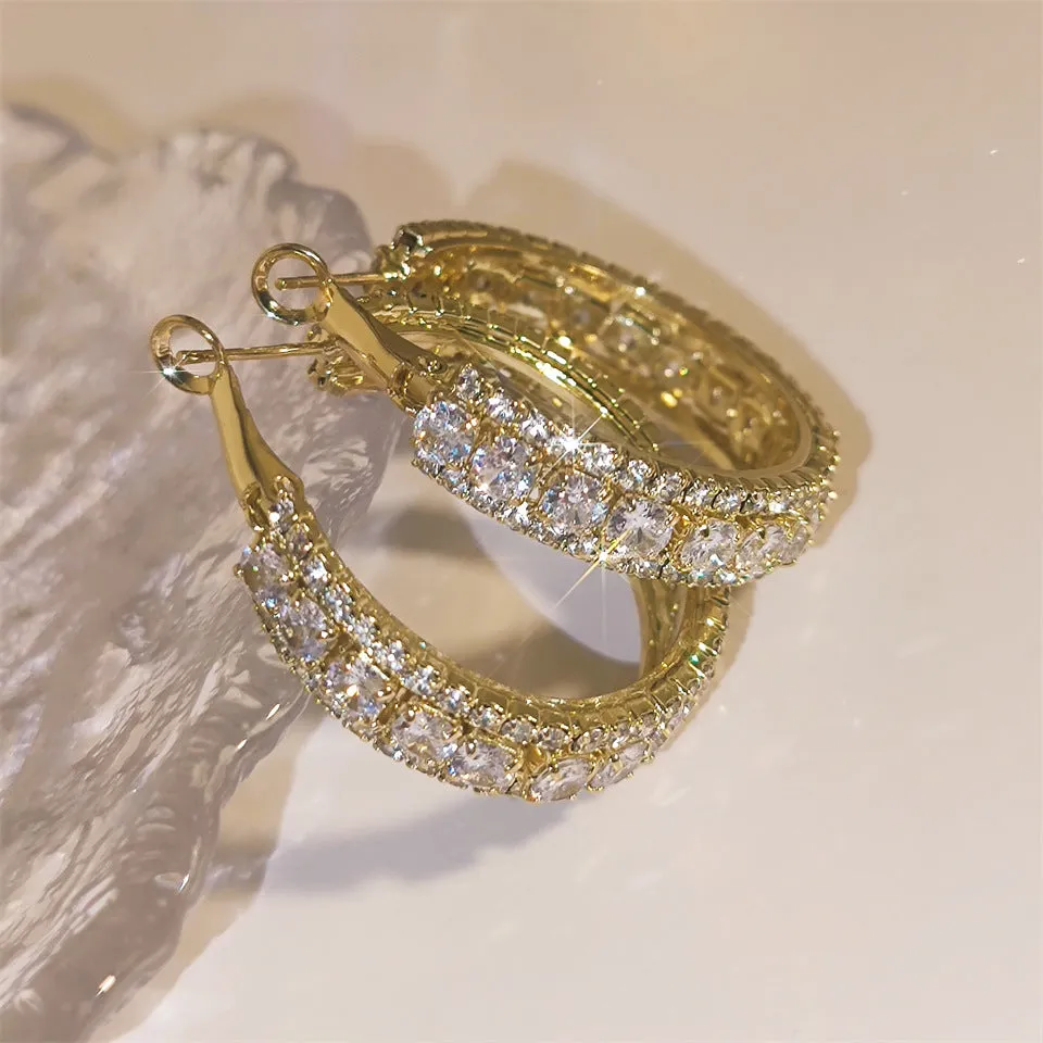 Women's retro C-shaped earrings with inlaid zirconium stones in gold colour
