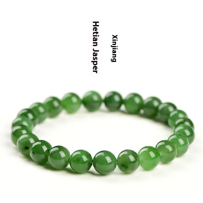 Polished natural jasper bead bracelet in Hetian jade, showing multiple bead size options on a wrist.
