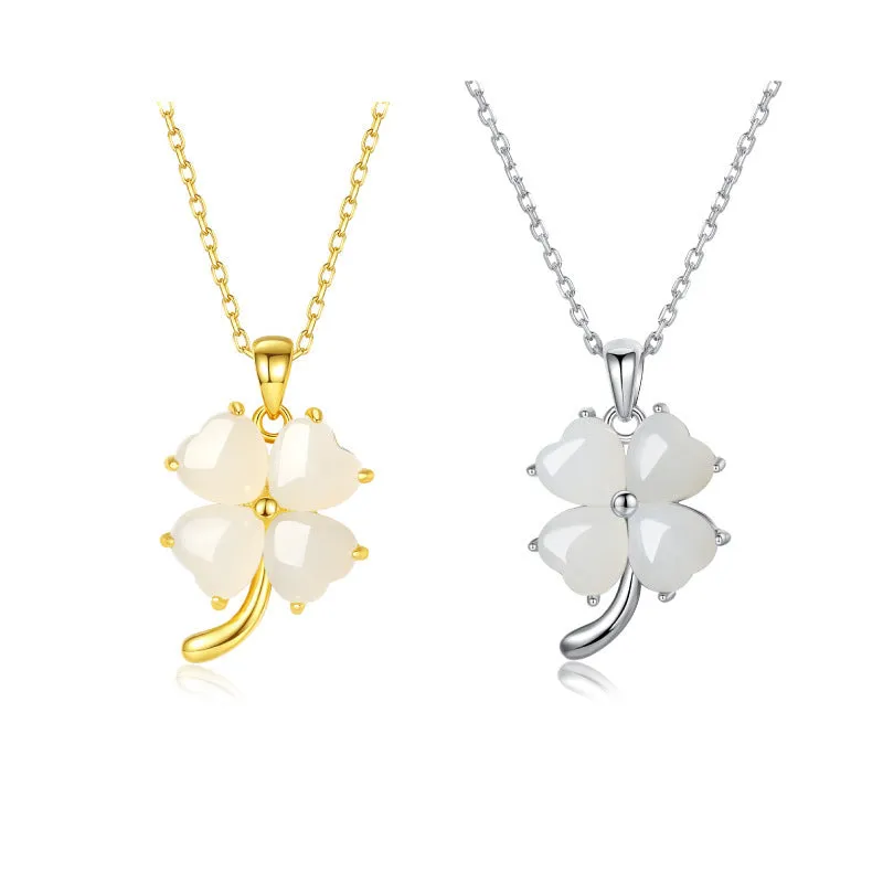 Women's four-leaf clover necklace with Hetian jade pendant on an adjustable sterling silver chain.