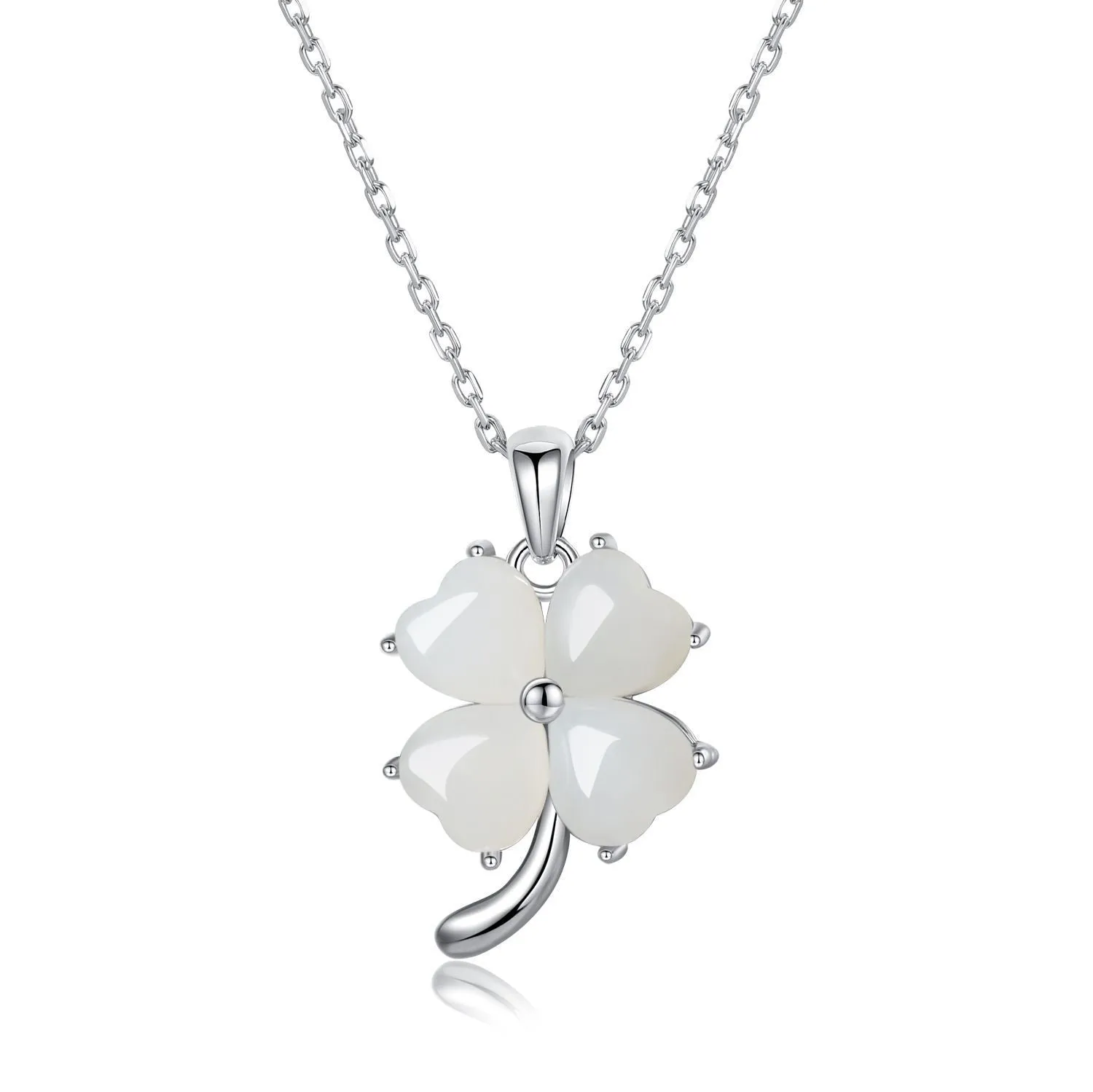 Women's four-leaf clover necklace with Hetian jade pendant on an adjustable sterling silver chain.
