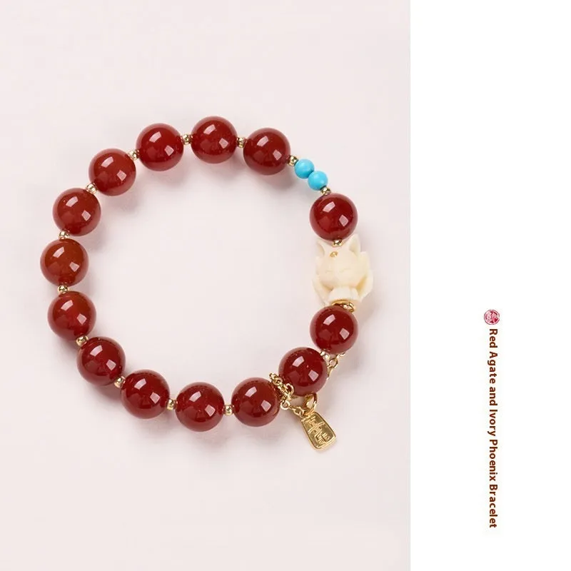 Red agate and ivory nut bracelet with 10mm beads and Fengjiu design in retro style