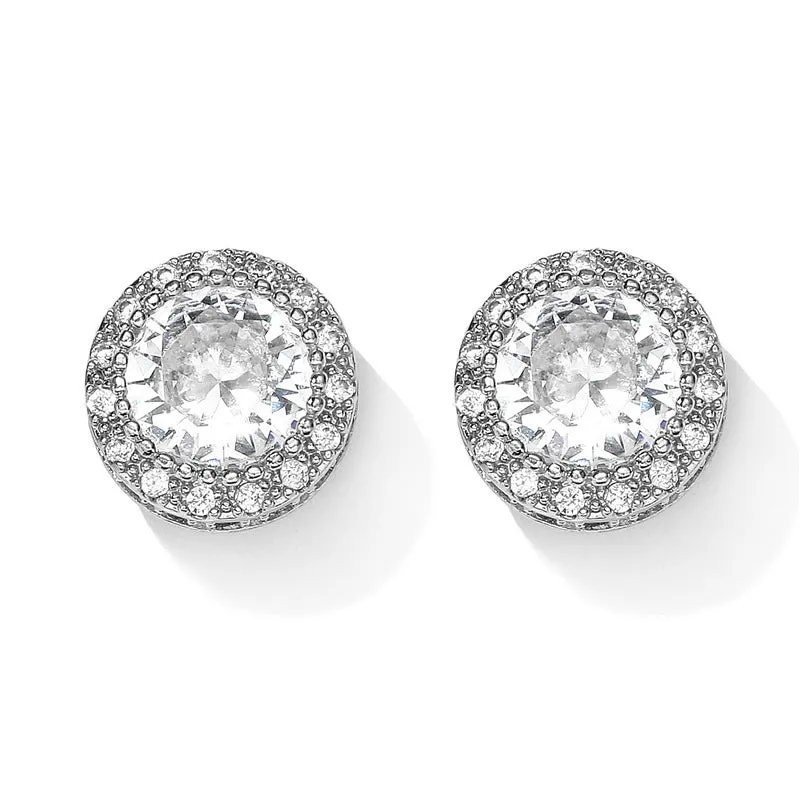 Round copper stud earrings with inlaid zircon in gold tone on white background
