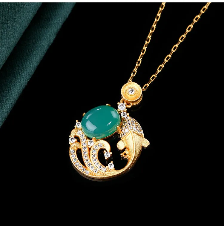 Gold-plated retro koi fish necklace with mixed gem inlay on adjustable 41cm-50cm chain