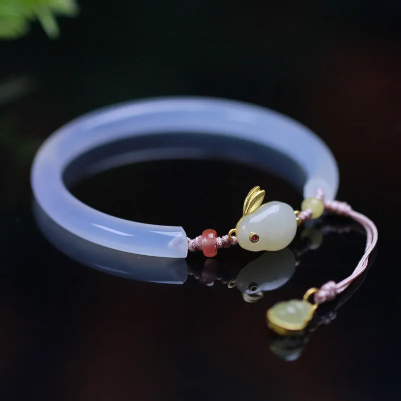 Natural white agate bracelet with S925 silver setting and Ruyi element, handmade