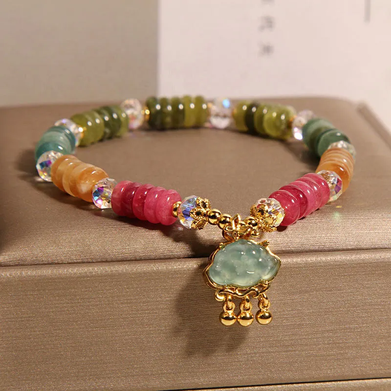 Colourful tourmaline jade Xiangyun pattern crystal bracelet with alloy inlay setting for ladies jewellery