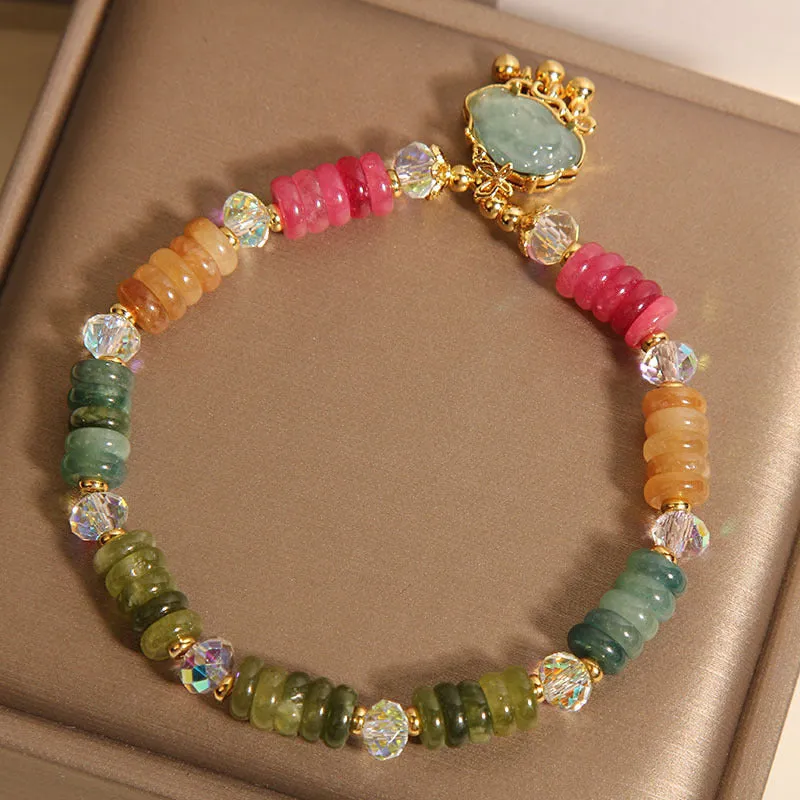 Colourful tourmaline jade Xiangyun pattern crystal bracelet with alloy inlay setting for ladies jewellery