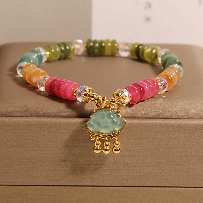 Colourful tourmaline jade Xiangyun pattern crystal bracelet with alloy inlay setting for ladies jewellery