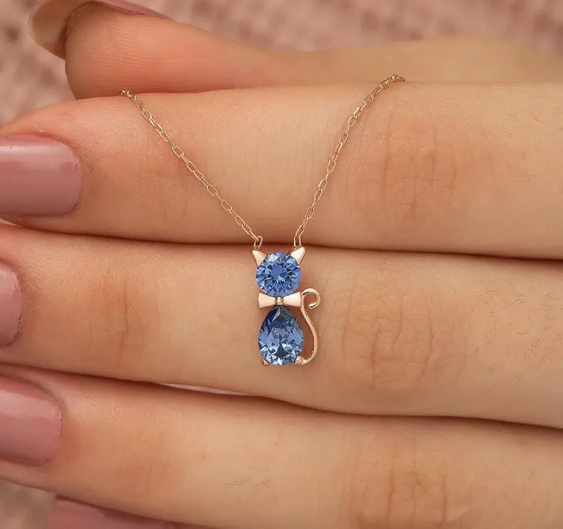 Adorable pet kitty gem pendant clavicle chain with inlaid zircon and water wave chain in sweet animal style