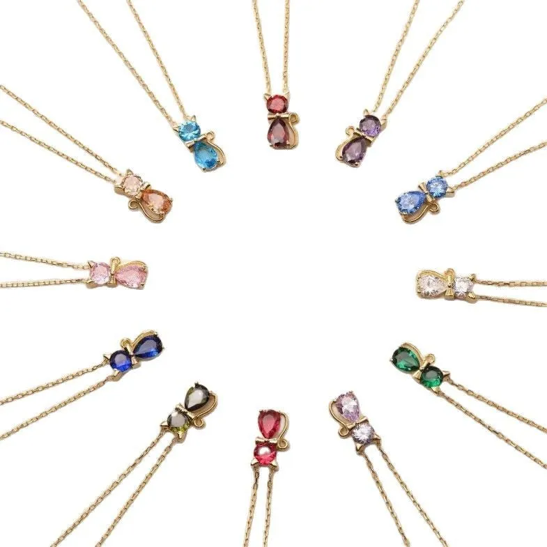 Adorable pet kitty gem pendant clavicle chain with inlaid zircon and water wave chain in sweet animal style