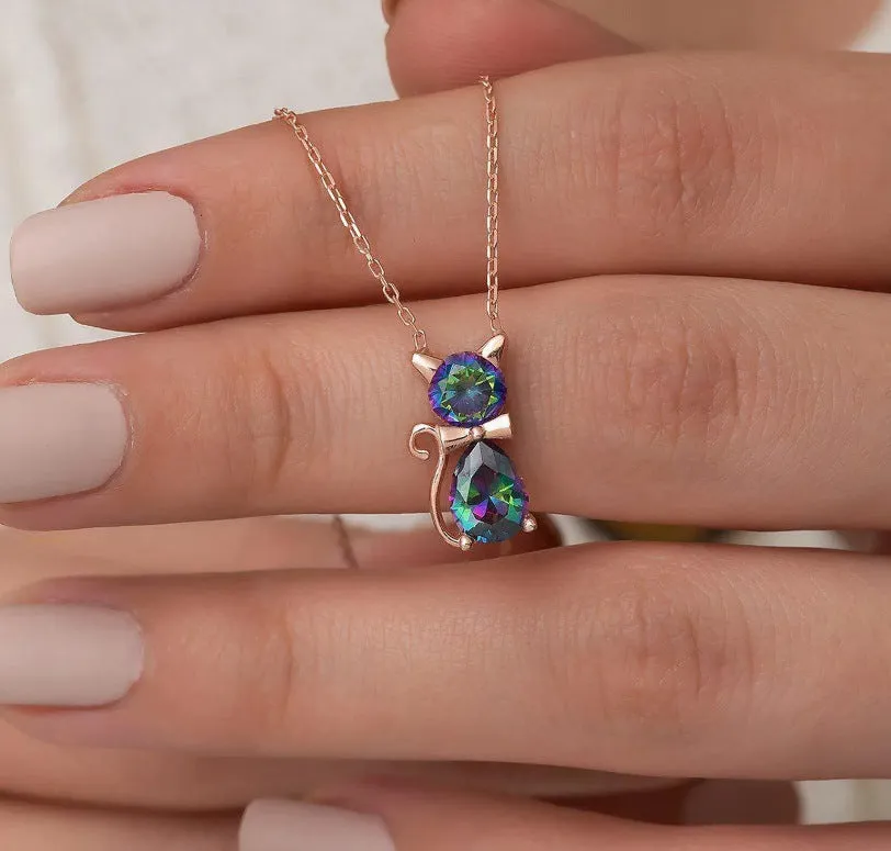 Adorable pet kitty gem pendant clavicle chain with inlaid zircon and water wave chain in sweet animal style