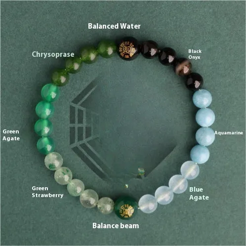 Natural crystal bracelet with Chinese five elements complementary design in Earth Gold colour, 8mm beads on white background