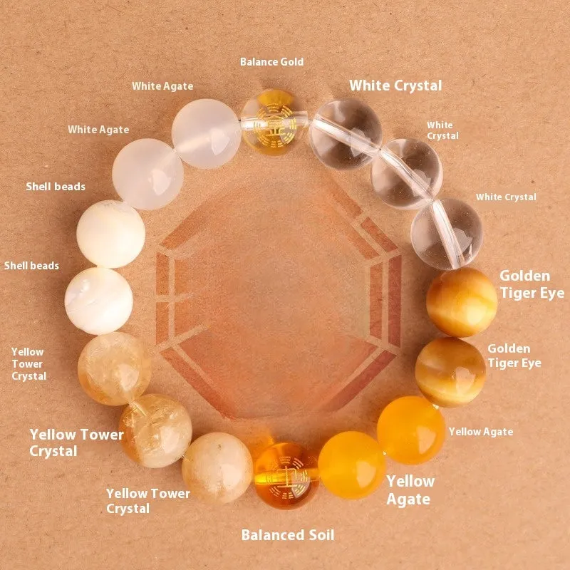 Natural crystal bracelet with Chinese five elements complementary design in Earth Gold colour, 8mm beads on white background