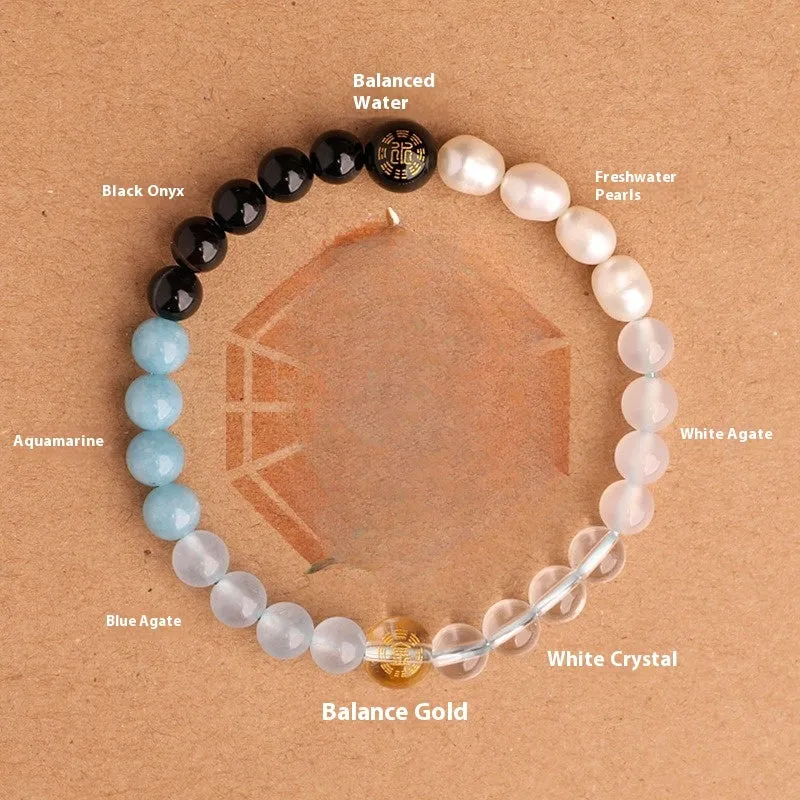 Natural crystal bracelet with Chinese five elements complementary design in Earth Gold colour, 8mm beads on white background