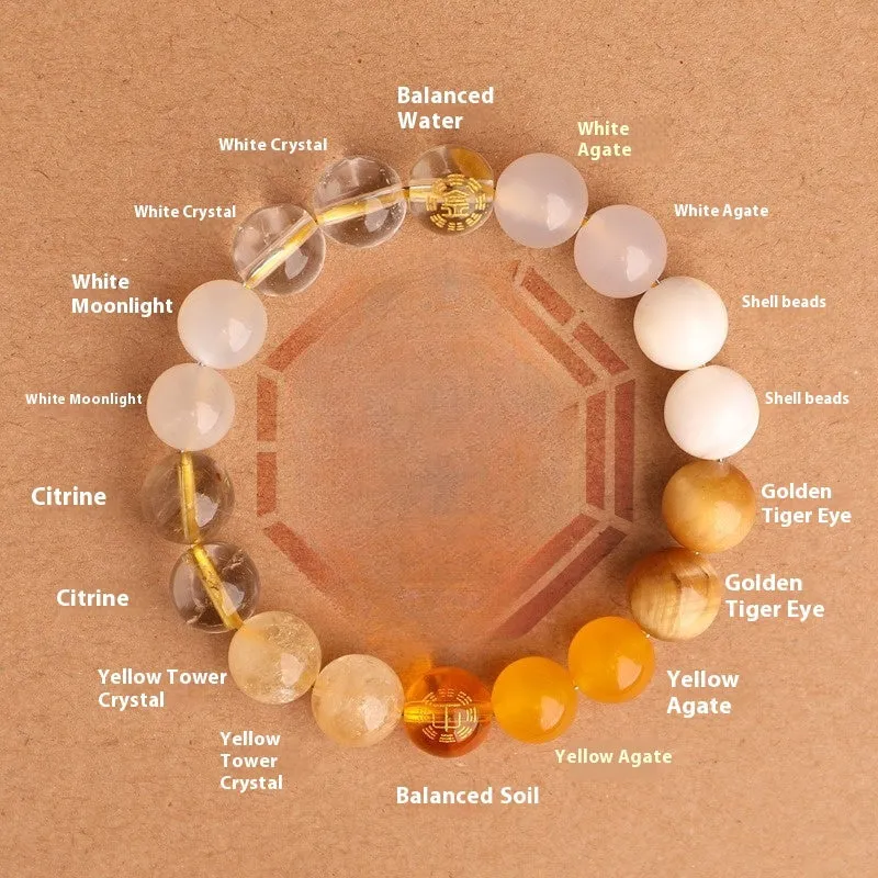 Natural crystal bracelet with Chinese five elements complementary design in Earth Gold colour, 8mm beads on white background