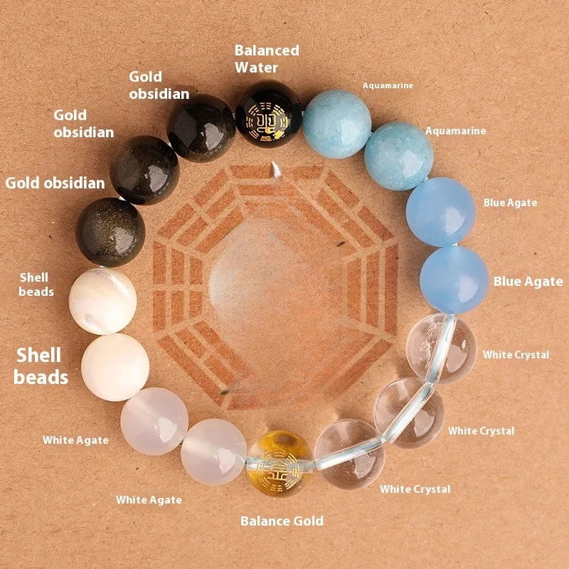 Natural crystal bracelet with Chinese five elements complementary design in Earth Gold colour, 8mm beads on white background