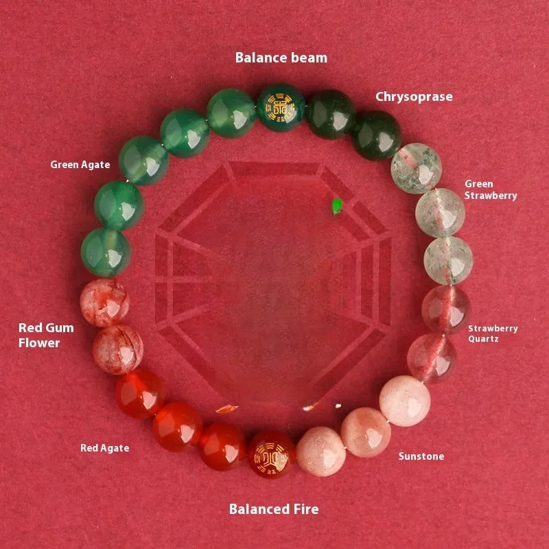Natural crystal bracelet with Chinese five elements complementary design in Earth Gold colour, 8mm beads on white background