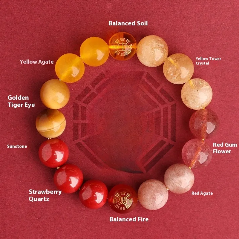 Natural crystal bracelet with Chinese five elements complementary design in Earth Gold colour, 8mm beads on white background