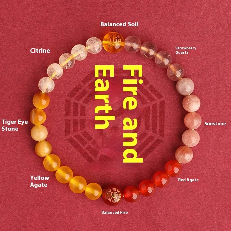 Natural crystal bracelet with Chinese five elements complementary design in Earth Gold colour, 8mm beads on white background
