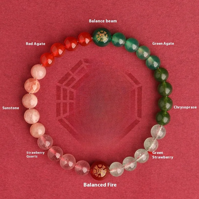 Natural crystal bracelet with Chinese five elements complementary design in Earth Gold colour, 8mm beads on white background