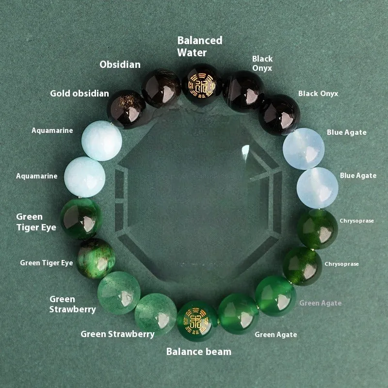 Natural crystal bracelet with Chinese five elements complementary design in Earth Gold colour, 8mm beads on white background