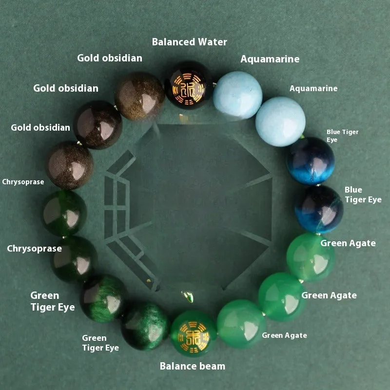 Natural crystal bracelet with Chinese five elements complementary design in Earth Gold colour, 8mm beads on white background