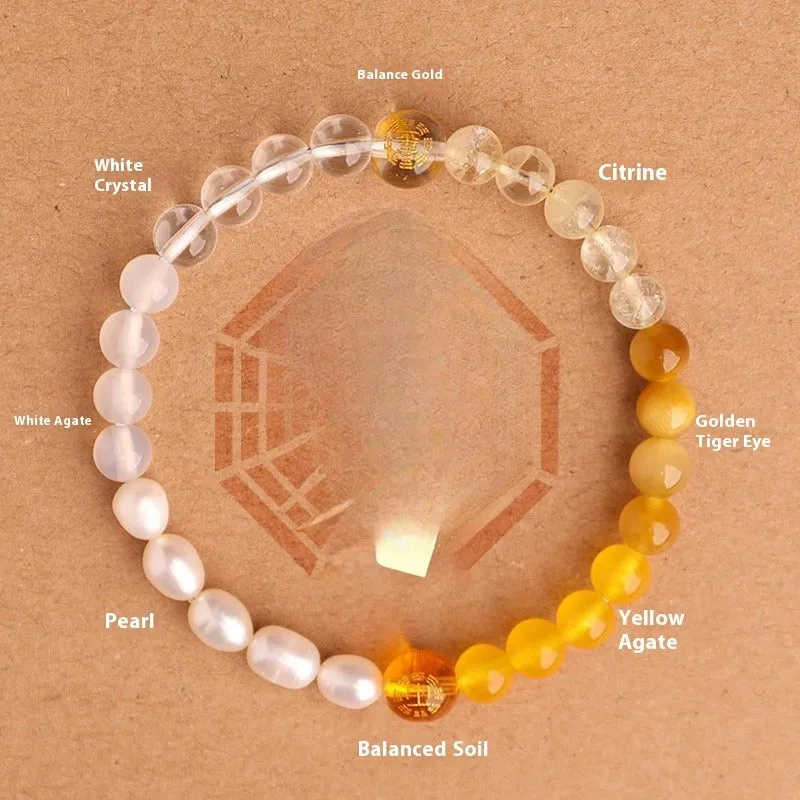 Natural crystal bracelet with Chinese five elements complementary design in Earth Gold colour, 8mm beads on white background