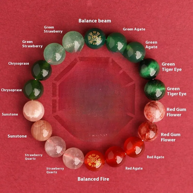 Natural crystal bracelet with Chinese five elements complementary design in Earth Gold colour, 8mm beads on white background