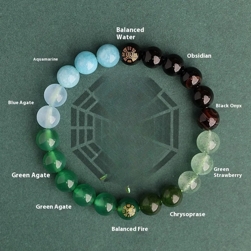 Natural crystal bracelet with Chinese five elements complementary design in Earth Gold colour, 8mm beads on white background