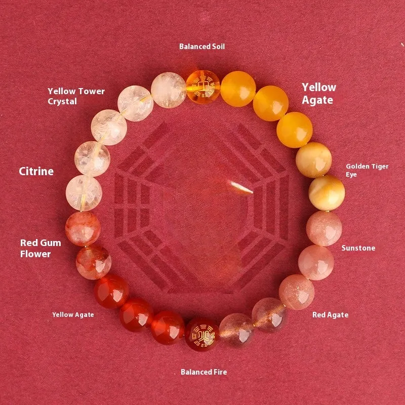 Natural crystal bracelet with Chinese five elements complementary design in Earth Gold colour, 8mm beads on white background