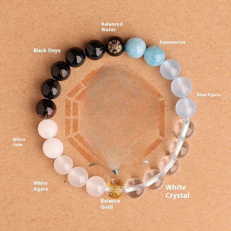 Natural crystal bracelet with Chinese five elements complementary design in Earth Gold colour, 8mm beads on white background