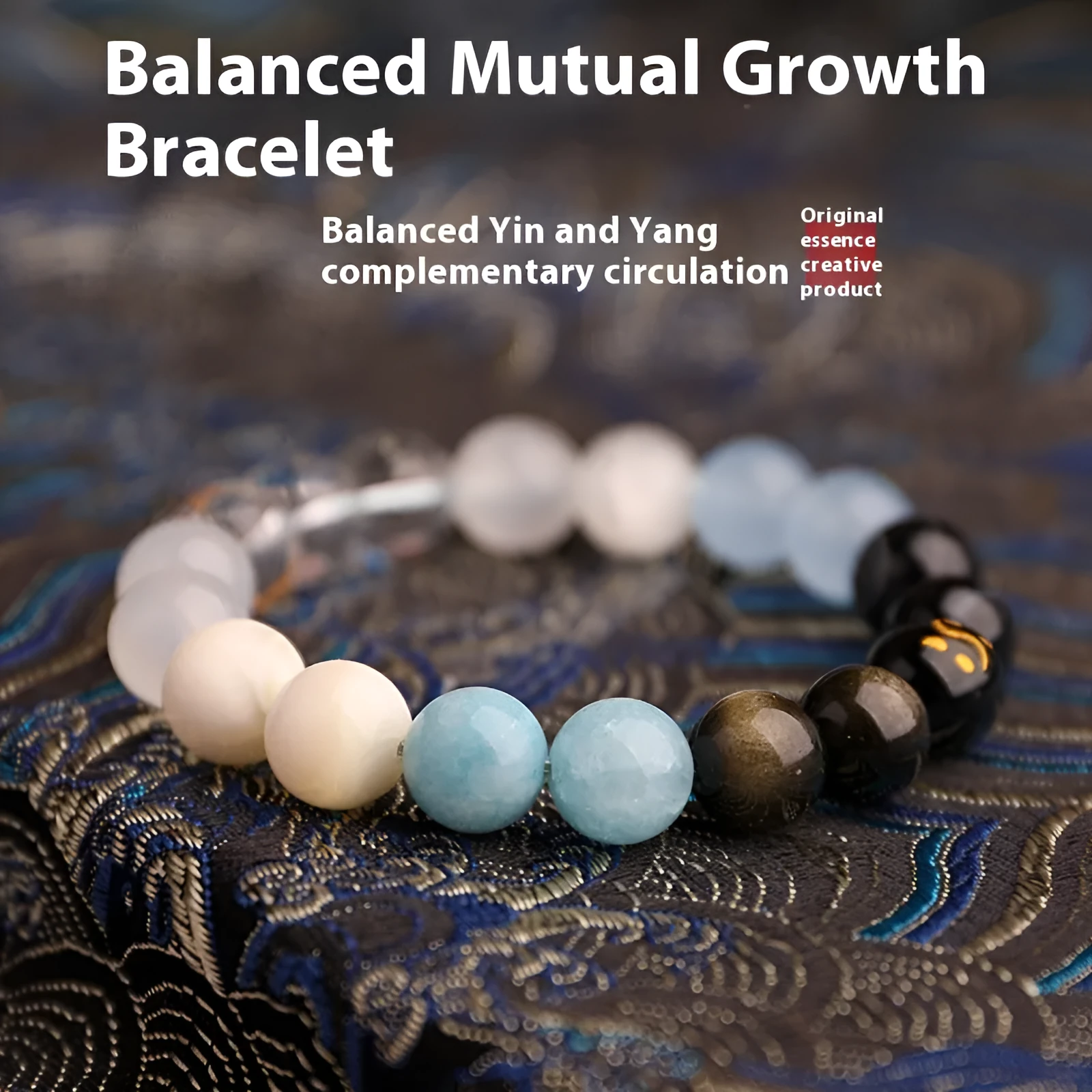 Natural crystal bracelet with Chinese five elements complementary design in Earth Gold colour, 8mm beads on white background