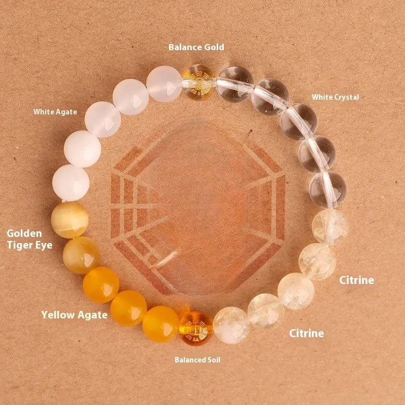 Natural crystal bracelet with Chinese five elements complementary design in Earth Gold colour, 8mm beads on white background