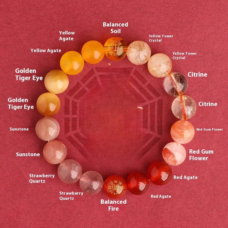 Natural crystal bracelet with Chinese five elements complementary design in Earth Gold colour, 8mm beads on white background