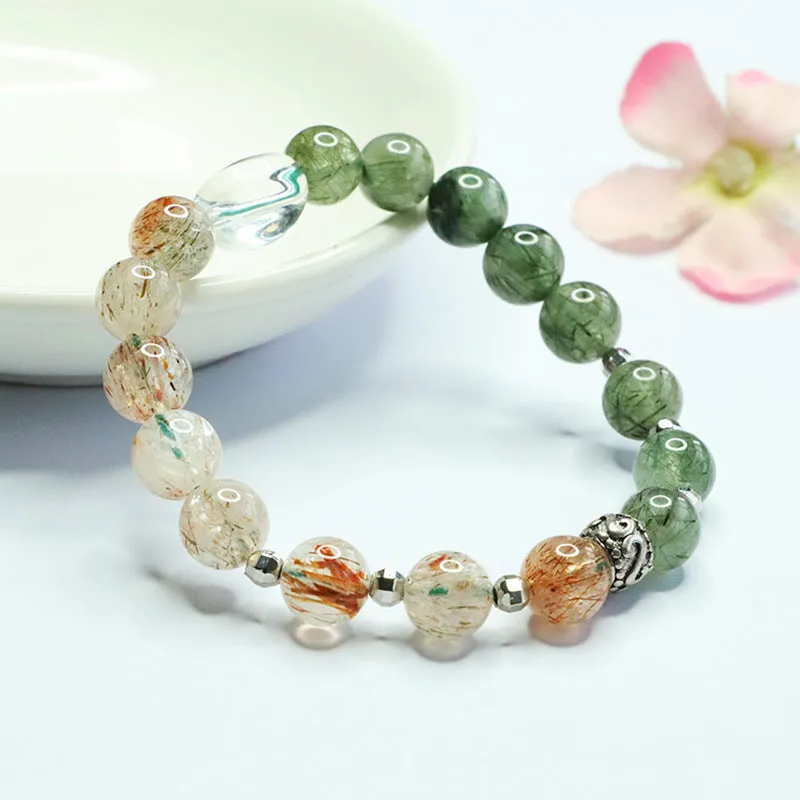 Green quartz rutilated black gold Super Seven bracelet Chinese style 8.5mm