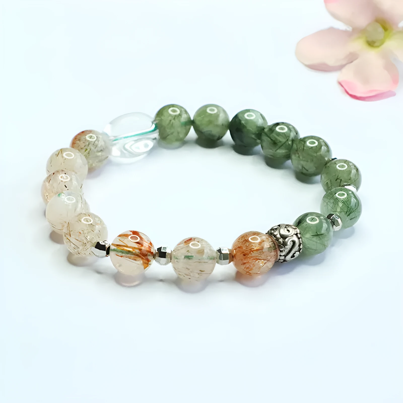 Green quartz rutilated black gold Super Seven bracelet Chinese style 8.5mm