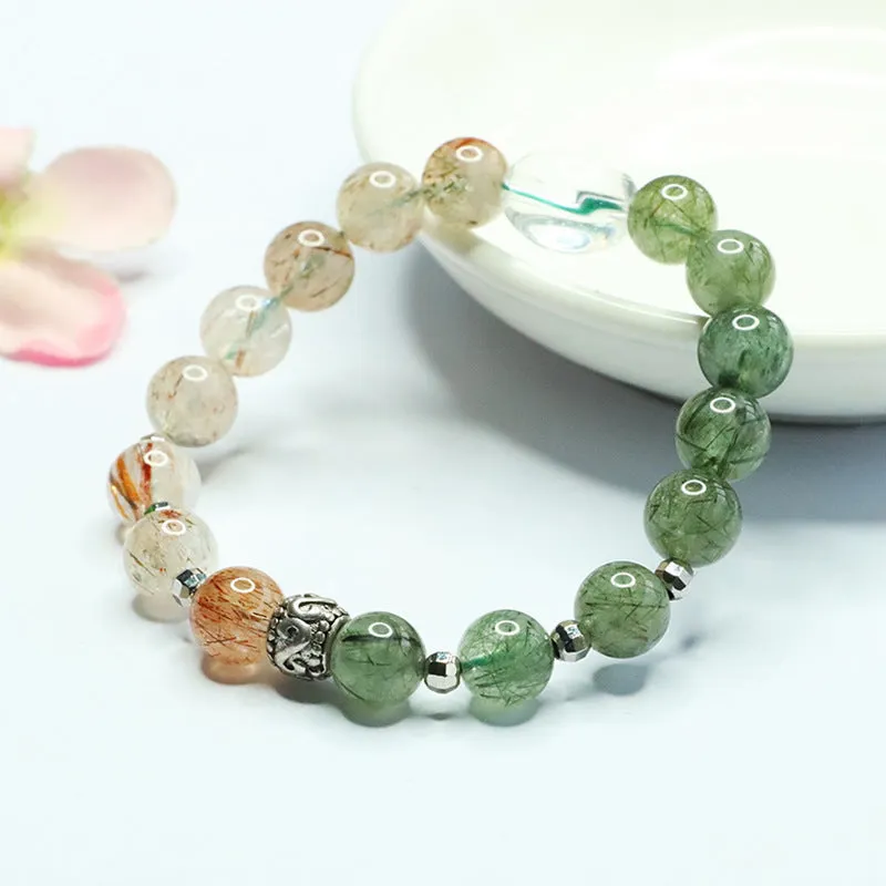 Green quartz rutilated black gold Super Seven bracelet Chinese style 8.5mm