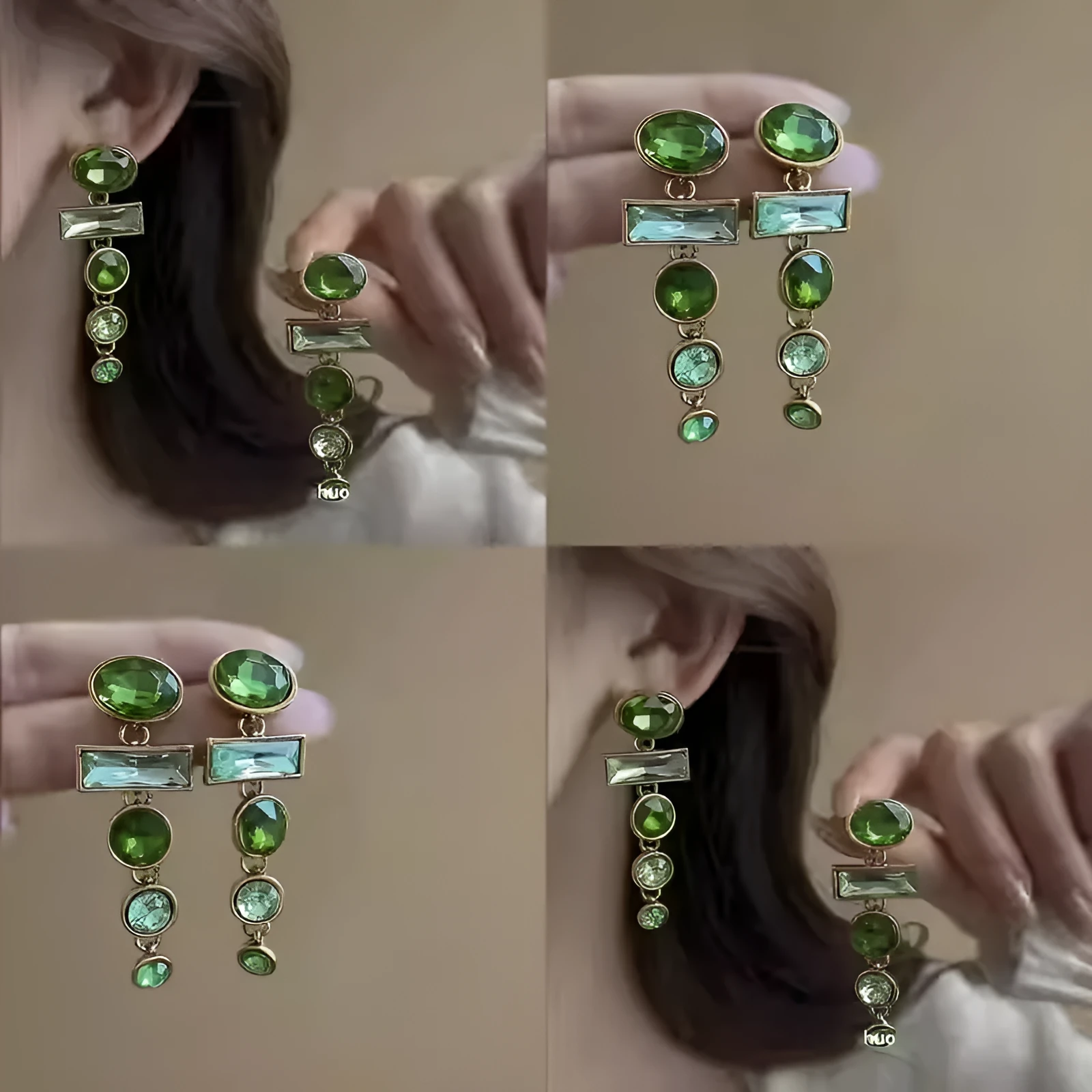 A pair of green gradient geometric earrings with an inlaid zircon stone in a Chinese style.